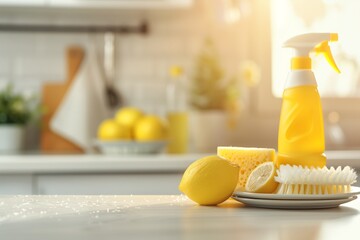 Blue Spray Bottle and Fresh Lemons on Kitchen Counter – Natural Cleaning Concept