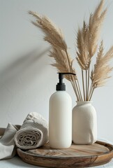 Minimalist Bathroom Decor with Lotion Dispenser, Pampas Grass, and Rolled Towel on Wooden Tray
