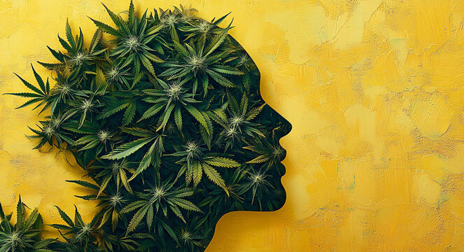 Human head silhouette filled with cannabis leaves against a vibrant yellow background, emphasizing nature, growth, and mindfulness. Illustration of health risks and anaphylactic shock from...