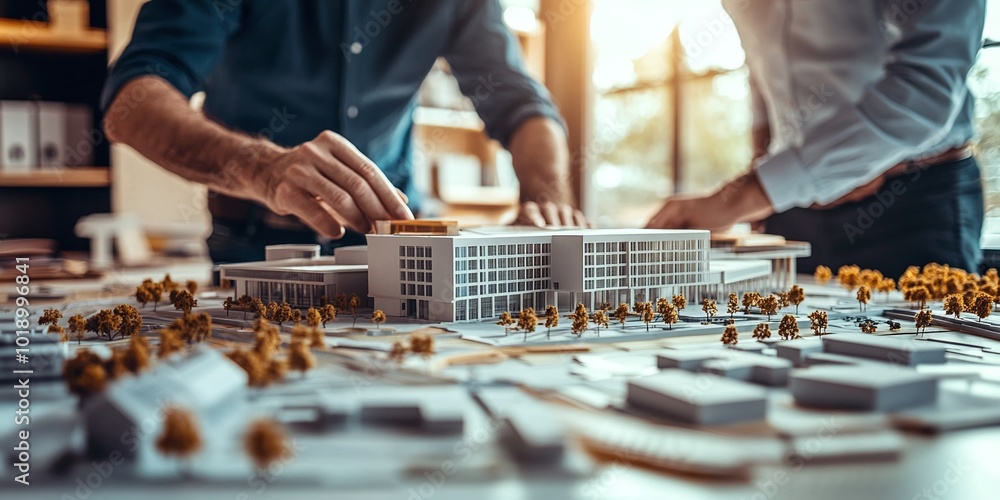 Poster team of real estate developers architects and businessmen working in an office with a scale model on