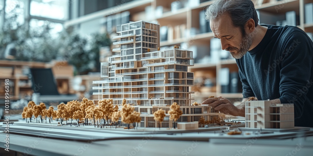 Poster team of real estate developers architects and businessmen working in an office with a scale model on