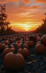 Obraz premium Sunset in a field with pumpkins, harvest in the melon field. Autumn aesthetics. Halloween.