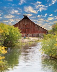 Red barn wiith reflection in pond near Burns Oregon © Bob