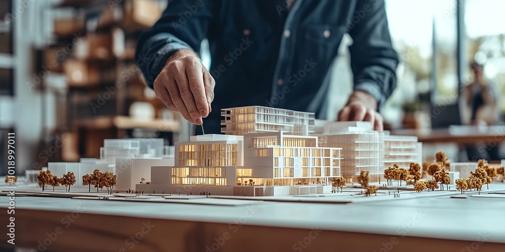Poster team of real estate developers architects and businessmen working in an office with a scale model on