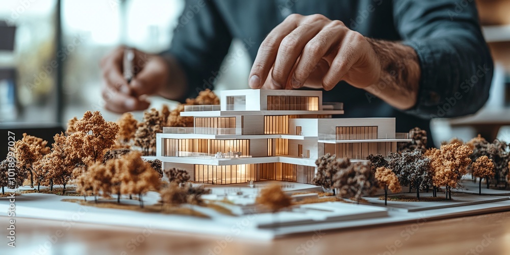 Poster team of real estate developers architects and businessmen working in an office with a scale model on