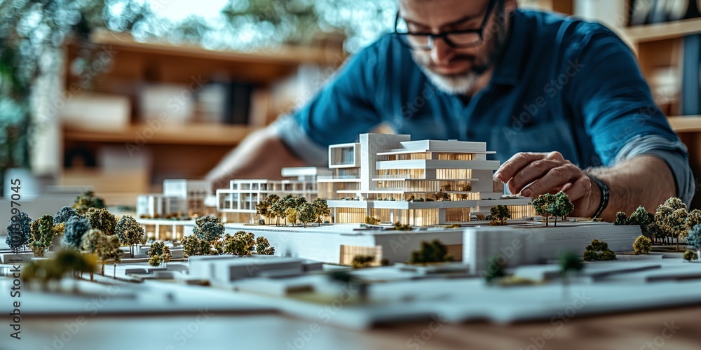 Poster team of real estate developers architects and businessmen working in an office with a scale model on