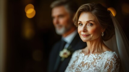 Mature couple getting married. Close-up of elderly bride in white dress, groom blurred in background.