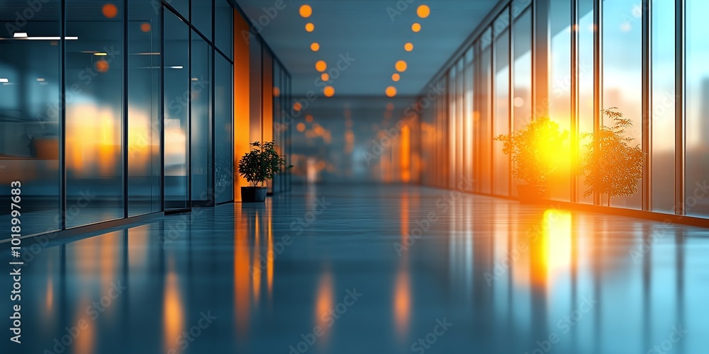 Poster gray-toned modern office with panoramic windows and glass partitions showcasing a blurred background