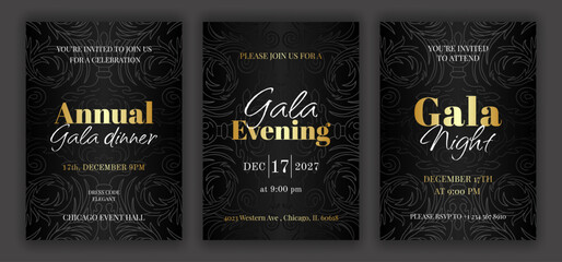 Luxury black annual gala dinner, night, evening invitation template set with golden text. Baroque style retro ornate pattern background. EPS 10 vector illustration.
