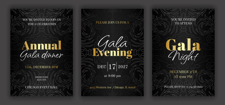 Luxury black annual gala dinner, night, evening invitation template set with golden text. Baroque style retro ornate pattern background. EPS 10 vector illustration.