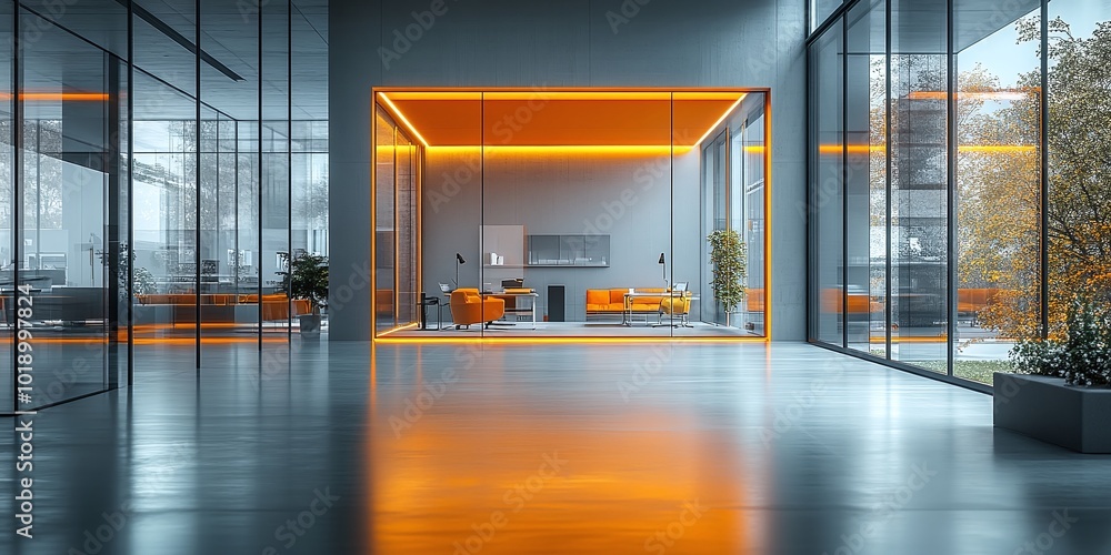 Poster gray-toned modern office with panoramic windows and glass partitions showcasing a blurred background