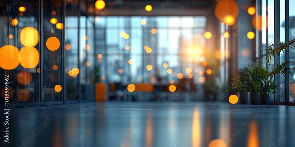 Poster gray-toned modern office with panoramic windows and glass partitions showcasing a blurred background