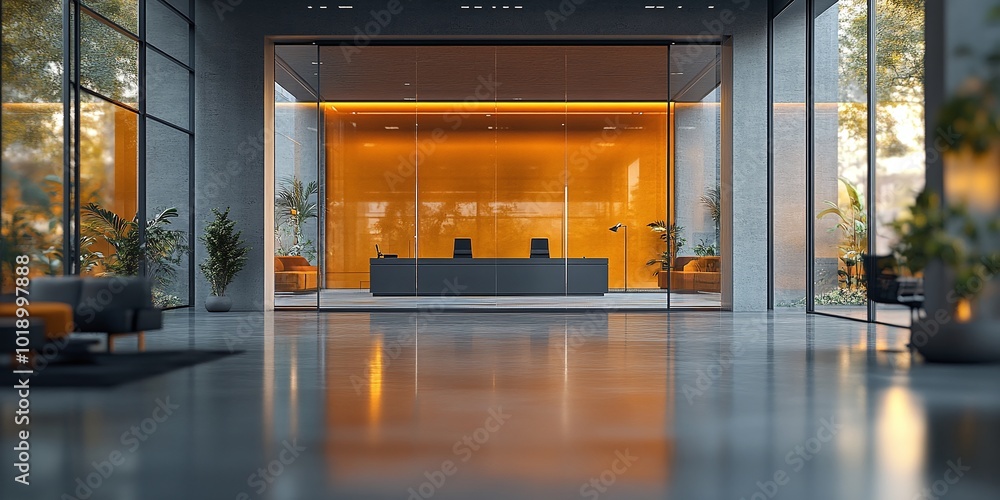 Poster gray-toned modern office with panoramic windows and glass partitions showcasing a blurred background