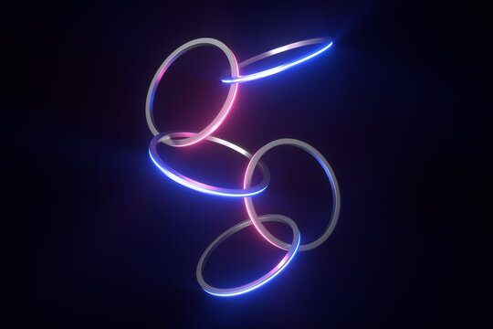 3d rings forming a connection or chain illuminated by neon light.