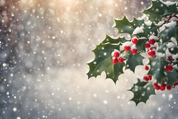 Falling Snow with Holly and Berries Vintage Christmas Background