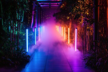 Fototapeta premium Vibrant Misty Pathway Illuminated by Neon Lights: An artistic indoor setting features a vibrant misty pathway, illuminated by dynamic neon lights, creating an enchanting visual experience.