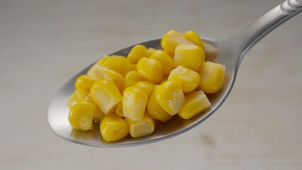Silver spoon holding bright yellow sweet corn kernels on a white background.