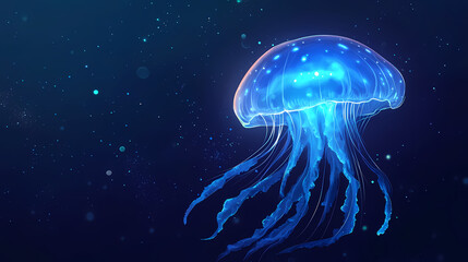 Naklejka premium Glowing jellyfish underwater on dark ocean background. Glowing Bioluminescence. Illustration