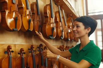 Wanddecoratie Muziekwinkel Woman selecting violin from shelf in music store surrounded by stringed instruments and violins in display shop browsing concept  © zakiroff