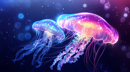 Glowing jellyfish underwater on dark ocean background. Glowing Bioluminescence. Illustration