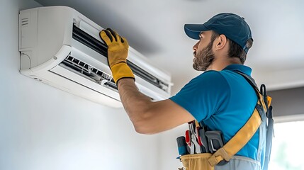 Repairman Climbing Ladder: A detailed shot of a repairman wearing protective gloves and a cap, climbing a ladder with a tool belt around his waist.
