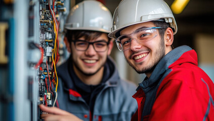 Young electrician students smiling while doing work practices, concept of vocational training.
