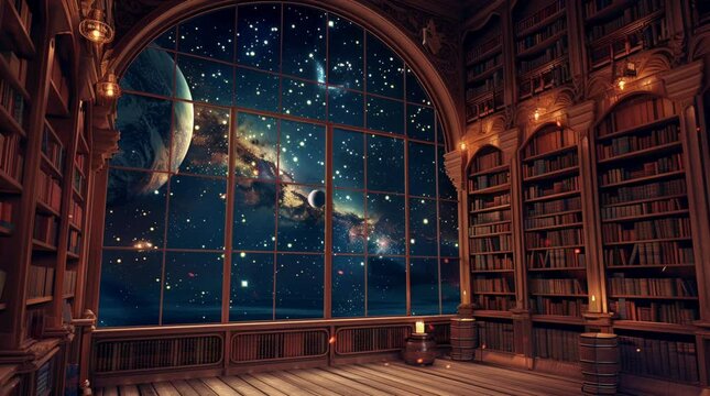 Cozy library room with a large window showcasing a breathtaking galaxy landscape, blending knowledge and cosmic wonder.
 Seamless looping 4k time-lapse virtual video animation Generated AI