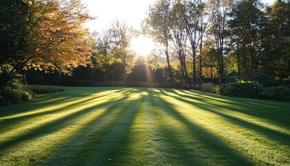 Fototapeta premium Sunny landscape showing a freshly mowed lawn with tree shadows stretching across it.