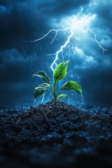 Symbolic image a plant seedling emerging during a storm with lightning, representing growth amidst adversity.