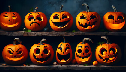 everal pumpkins with different expressions and personalities: one sad, one angry, one laughing maniacally, and one scared. ai generative.