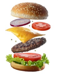 Isolated on white background, full depth of field, delicious fast food featuring a hamburger and cheeseburger, fresh toppings such as lettuce, tomato, cheese,  juicy patties, perfect for advertisement