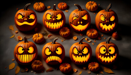 everal pumpkins with different expressions and personalities: one sad, one angry, one laughing maniacally, and one scared. ai generative.