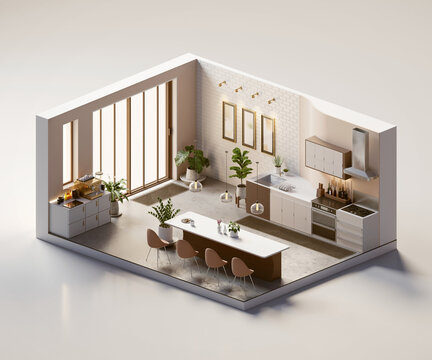 Isometric view modern kitchen room open inside interior architecture, 3d rendering.