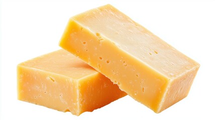 Two blocks of cheddar cheese stacked on each other showcasing their smooth texture and rich color