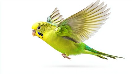 A vibrant green and yellow budgerigar in mid-flight against a white background showcasing its beautiful feathers