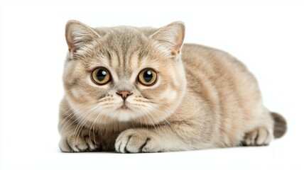 Obraz premium Fluffy light-colored cat with large eyes lounging on a white background