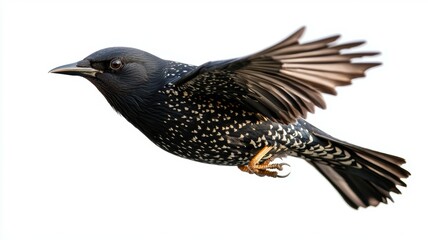 Obraz premium A starling in mid-flight showcasing its unique feather pattern against a white background