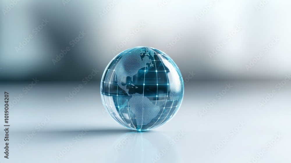 Aufkleber a transparent globe displaying a digital world map on a reflective surface in a modern setting