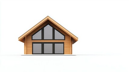 Modern wooden house with large windows against a minimalistic white background