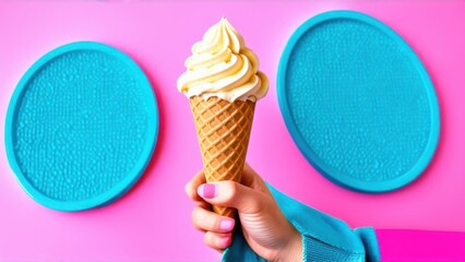 Hand holding Ice cream cone isolated on pink background, gelato, summer concept