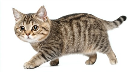 Fototapeta premium A playful striped kitten exploring its surroundings on a white background in bright natural light