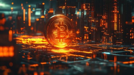 Fototapeta premium A glowing Bitcoin coin sits atop a futuristic cityscape, symbolizing the rise of cryptocurrency.