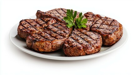 Obraz premium Grilled meat cuts served on a white plate with fresh parsley garnish on a sunny afternoon