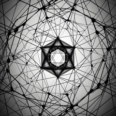 This intricate black and white geometric network pattern is intricately designed with symmetrical connections, ideal for backgrounds, presentations, and artistic projects