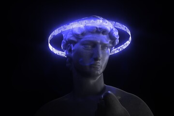 Ancient Statue in Vaporwave Synthwave Style with neon text code halo.