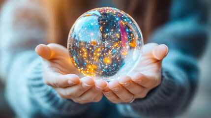 mystic woman’s hands delicately cradle a glowing orb, symbolizing insight and intuition. The warm light reflects her connection to the unknown, inviting viewers into a realm of possibilities