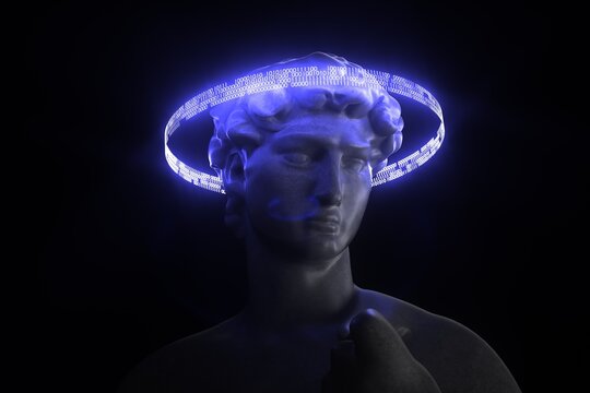 Ancient Statue in Vaporwave Synthwave Style with neon text code halo.