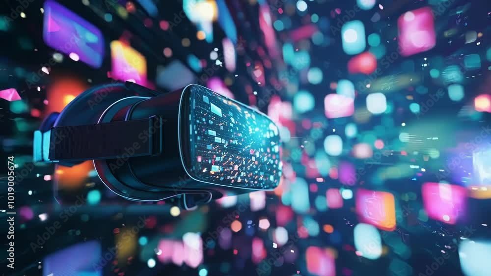 Poster vr headset is floating in a digital environment with data and light particles flowing around it. the