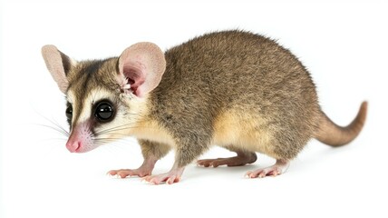 A small marsupial stands on a white background, showcasing its distinctive features and curious expression