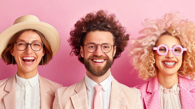 Four enthusiastic individuals, two men and two women, exude joy and creativity, sporting stylish outfits and beaming smiles in a bright pink environment, celebrating teamwork and innovation